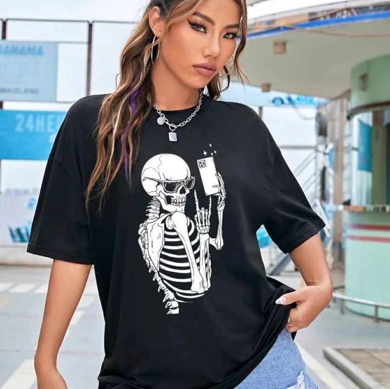 Kadın iskelet Baskılı T-Shirt Kısa Kol Bisiklet Yaka Oversize Tişört - Siyah Kadın iskelet Baskılı T-Shirt Kısa Kol Bisiklet Yaka Oversize Tişört - Siyah