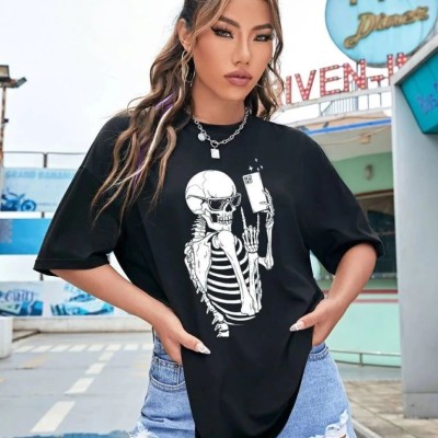 Kadın iskelet Baskılı T-Shirt Kısa Kol Bisiklet Yaka Oversize Tişört - Siyah Kadın iskelet Baskılı T-Shirt Kısa Kol Bisiklet Yaka Oversize Tişört - Siyah