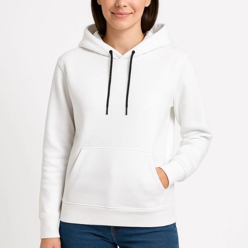 Kadın Kapüşonlu Kanguru Cepli 3 İplik Pamuklu Oversize Hoodie Sweatshirt - Beyaz Kadın Kapüşonlu Kanguru Cepli 3 İplik Pamuklu Oversize Hoodie Sweatshirt - Beyaz