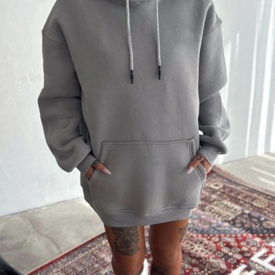 Kadın Kapüşonlu Kanguru Cepli 3 İplik Pamuklu Oversize Hoodie Sweatshirt - Boyalı Gri Kadın Kapüşonlu Kanguru Cepli 3 İplik Pamuklu Oversize Hoodie Sweatshirt - Boyalı Gri