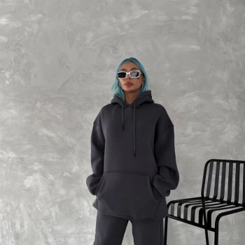 Kadın Kapüşonlu Kanguru Cepli 3 İplik Pamuklu Oversize Hoodie Sweatshirt - Füme Kadın Kapüşonlu Kanguru Cepli 3 İplik Pamuklu Oversize Hoodie Sweatshirt - Füme