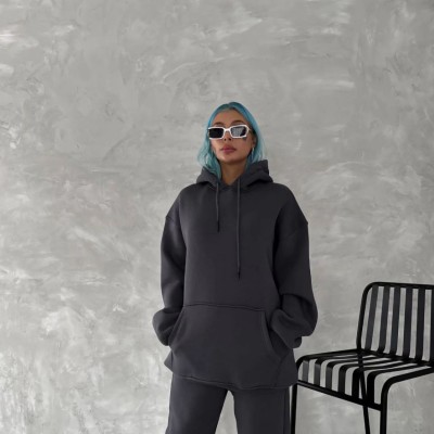 Kadın Kapüşonlu Kanguru Cepli 3 İplik Pamuklu Oversize Hoodie Sweatshirt - Füme Kadın Kapüşonlu Kanguru Cepli 3 İplik Pamuklu Oversize Hoodie Sweatshirt - Füme
