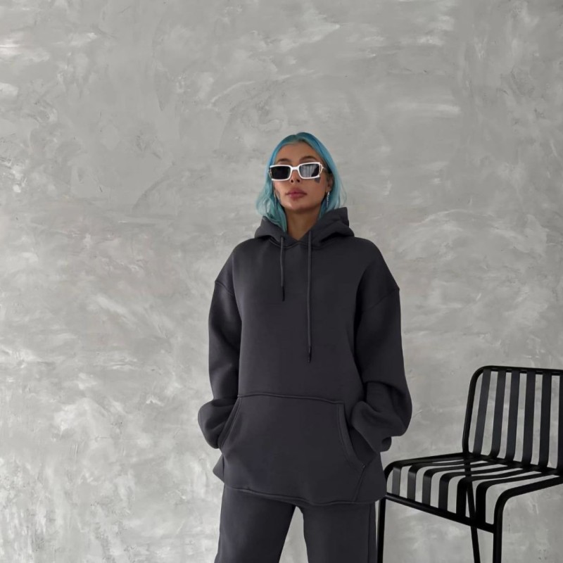 Kadın Kapüşonlu Kanguru Cepli 3 İplik Pamuklu Oversize Hoodie Sweatshirt - Füme Kadın Kapüşonlu Kanguru Cepli 3 İplik Pamuklu Oversize Hoodie Sweatshirt - Füme