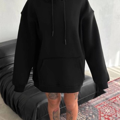 Kadın Kapüşonlu Kanguru Cepli 3 İplik Pamuklu Oversize Hoodie Sweatshirt - Siyah Kadın Kapüşonlu Kanguru Cepli 3 İplik Pamuklu Oversize Hoodie Sweatshirt - Siyah
