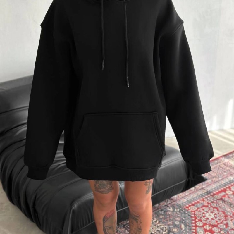 Kadın Kapüşonlu Kanguru Cepli 3 İplik Pamuklu Oversize Hoodie Sweatshirt - Siyah Kadın Kapüşonlu Kanguru Cepli 3 İplik Pamuklu Oversize Hoodie Sweatshirt - Siyah