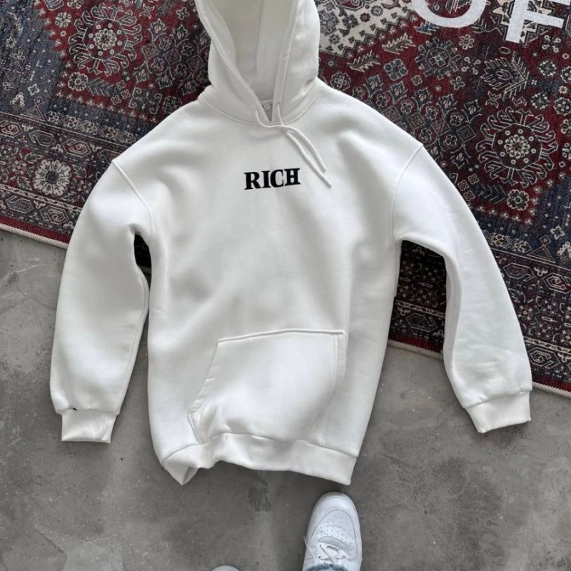 Kadın Kapüşonlu Kanguru Cepli Sweatshirt 3 İplik Pamuklu Baskılı Hoodie - Beyaz Kadın Kapüşonlu Kanguru Cepli Sweatshirt 3 İplik Pamuklu Baskılı Hoodie - Beyaz