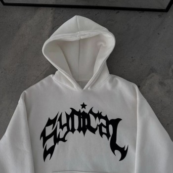 Kadın Kapüşonlu Kanguru Cepli Sweatshirt 3 İplik Pamuklu Baskılı Hoodie -  Beyaz