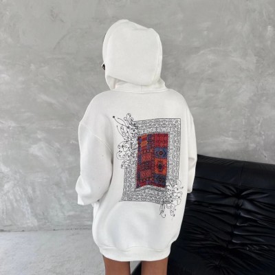Kadın Kapüşonlu Kanguru Cepli Sweatshirt 3 İplik Pamuklu Baskılı Hoodie - Beyaz Kadın Kapüşonlu Kanguru Cepli Sweatshirt 3 İplik Pamuklu Baskılı Hoodie - Beyaz