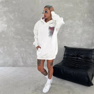 Kadın Kapüşonlu Kanguru Cepli Sweatshirt 3 İplik Pamuklu Baskılı Hoodie - Beyaz Kadın Kapüşonlu Kanguru Cepli Sweatshirt 3 İplik Pamuklu Baskılı Hoodie - Beyaz