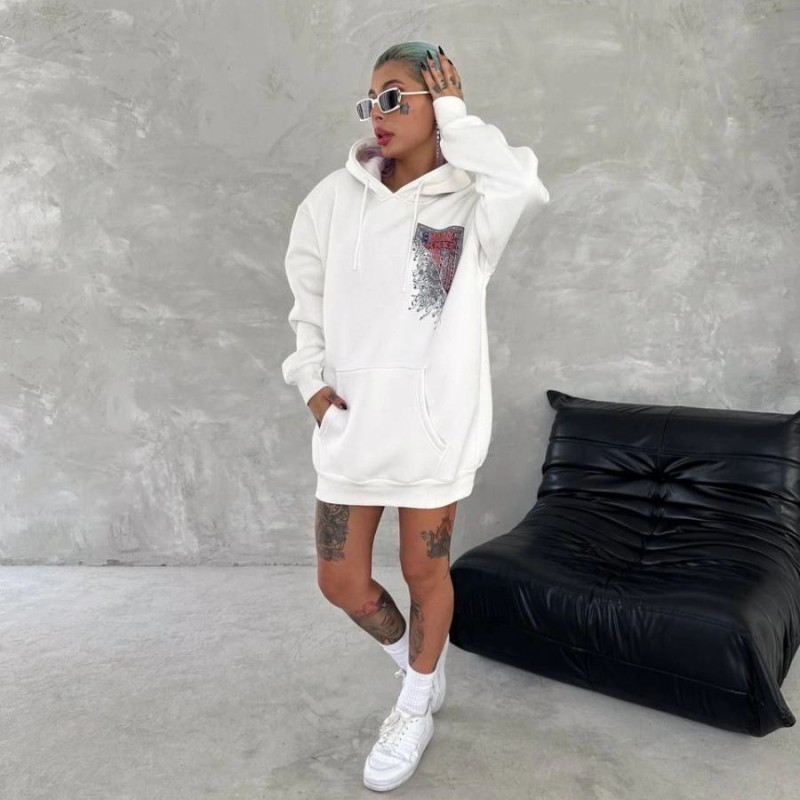 Kadın Kapüşonlu Kanguru Cepli Sweatshirt 3 İplik Pamuklu Baskılı Hoodie - Beyaz Kadın Kapüşonlu Kanguru Cepli Sweatshirt 3 İplik Pamuklu Baskılı Hoodie - Beyaz