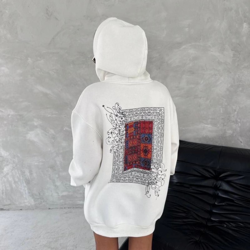 Kadın Kapüşonlu Kanguru Cepli Sweatshirt 3 İplik Pamuklu Baskılı Hoodie - Beyaz Kadın Kapüşonlu Kanguru Cepli Sweatshirt 3 İplik Pamuklu Baskılı Hoodie - Beyaz
