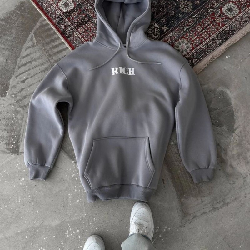 Kadın Kapüşonlu Kanguru Cepli Sweatshirt 3 İplik Pamuklu Baskılı Hoodie - Gri Kadın Kapüşonlu Kanguru Cepli Sweatshirt 3 İplik Pamuklu Baskılı Hoodie - Gri