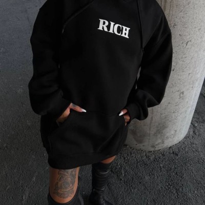 Kadın Kapüşonlu Kanguru Cepli Sweatshirt 3 İplik Pamuklu Baskılı Hoodie - Siyah Kadın Kapüşonlu Kanguru Cepli Sweatshirt 3 İplik Pamuklu Baskılı Hoodie - Siyah