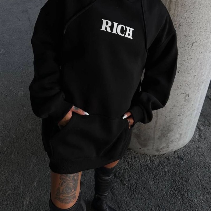 Kadın Kapüşonlu Kanguru Cepli Sweatshirt 3 İplik Pamuklu Baskılı Hoodie - Siyah Kadın Kapüşonlu Kanguru Cepli Sweatshirt 3 İplik Pamuklu Baskılı Hoodie - Siyah