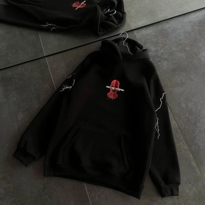 Kadın Kapüşonlu Kanguru Cepli Sweatshirt 3 İplik Pamuklu Baskılı Hoodie - Siyah Kadın Kapüşonlu Kanguru Cepli Sweatshirt 3 İplik Pamuklu Baskılı Hoodie - Siyah