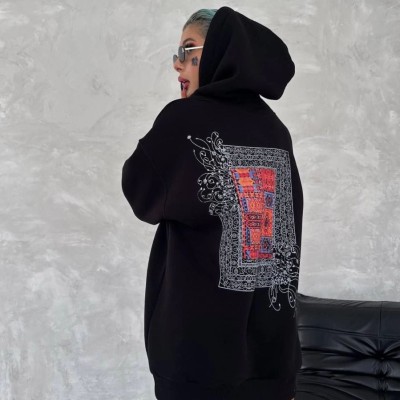 Kadın Kapüşonlu Kanguru Cepli Sweatshirt 3 İplik Pamuklu Baskılı Hoodie - Siyah Kadın Kapüşonlu Kanguru Cepli Sweatshirt 3 İplik Pamuklu Baskılı Hoodie - Siyah
