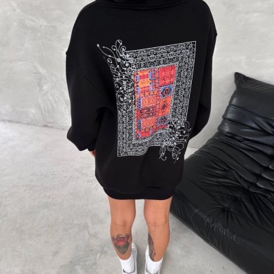 Kadın Kapüşonlu Kanguru Cepli Sweatshirt 3 İplik Pamuklu Baskılı Hoodie - Siyah Kadın Kapüşonlu Kanguru Cepli Sweatshirt 3 İplik Pamuklu Baskılı Hoodie - Siyah
