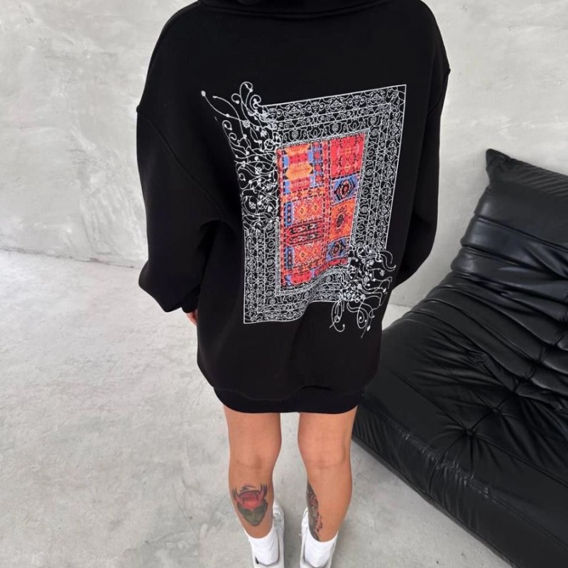 Kadın Kapüşonlu Kanguru Cepli Sweatshirt 3 İplik Pamuklu Baskılı Hoodie - Siyah Kadın Kapüşonlu Kanguru Cepli Sweatshirt 3 İplik Pamuklu Baskılı Hoodie - Siyah