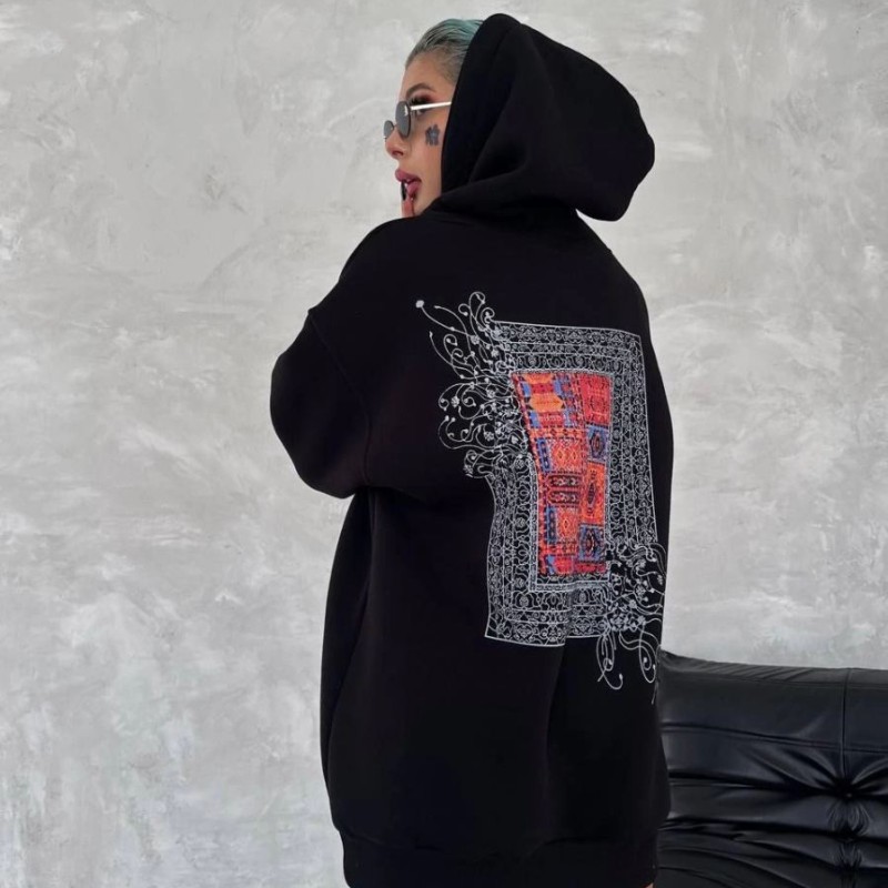 Kadın Kapüşonlu Kanguru Cepli Sweatshirt 3 İplik Pamuklu Baskılı Hoodie - Siyah Kadın Kapüşonlu Kanguru Cepli Sweatshirt 3 İplik Pamuklu Baskılı Hoodie - Siyah