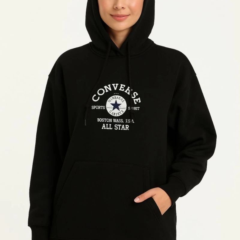Kadın Kapüşonlu Kanguru Cepli Sweatshirt 3 İplik Pamuklu Baskılı Hoodie - Siyah Kadın Kapüşonlu Kanguru Cepli Sweatshirt 3 İplik Pamuklu Baskılı Hoodie - Siyah