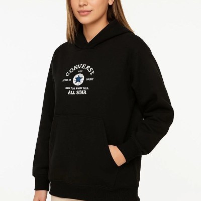 Kadın Kapüşonlu Kanguru Cepli Sweatshirt 3 İplik Pamuklu Baskılı Hoodie - Siyah Kadın Kapüşonlu Kanguru Cepli Sweatshirt 3 İplik Pamuklu Baskılı Hoodie - Siyah