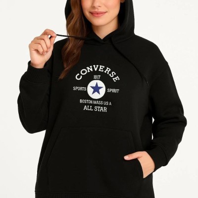 Kadın Kapüşonlu Kanguru Cepli Sweatshirt 3 İplik Pamuklu Baskılı Hoodie - Siyah Kadın Kapüşonlu Kanguru Cepli Sweatshirt 3 İplik Pamuklu Baskılı Hoodie - Siyah