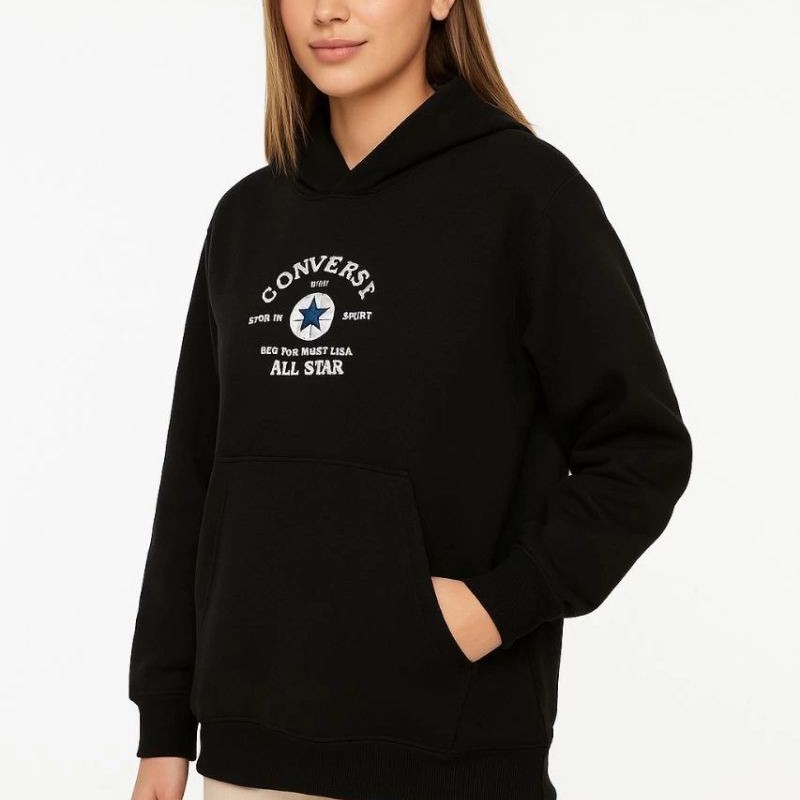 Kadın Kapüşonlu Kanguru Cepli Sweatshirt 3 İplik Pamuklu Baskılı Hoodie - Siyah Kadın Kapüşonlu Kanguru Cepli Sweatshirt 3 İplik Pamuklu Baskılı Hoodie - Siyah