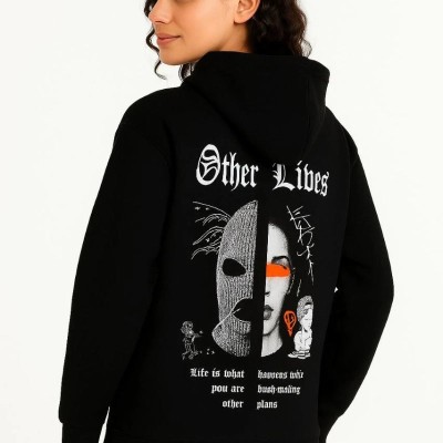 Kadın Kapüşonlu Kanguru Cepli Sweatshirt 3 İplik Pamuklu Baskılı Hoodie - Siyah Kadın Kapüşonlu Kanguru Cepli Sweatshirt 3 İplik Pamuklu Baskılı Hoodie - Siyah