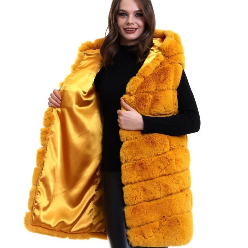 Kadın Kapüşonlu Peluş Kürk Yelek Premium Kalite Tam Astarlı Uzun Model - Sarı