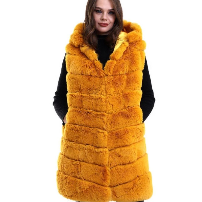 Kadın Kapüşonlu Peluş Kürk Yelek Premium Kalite Tam Astarlı Uzun Model - Sarı