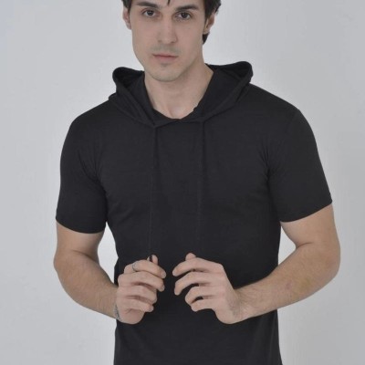 Kadın Kapüşonlu T-Shirt Kısa Kol Bisiklet Yaka Slimfit Tişört - Siyah Kadın Kapüşonlu T-Shirt Kısa Kol Bisiklet Yaka Slimfit Tişört - Siyah