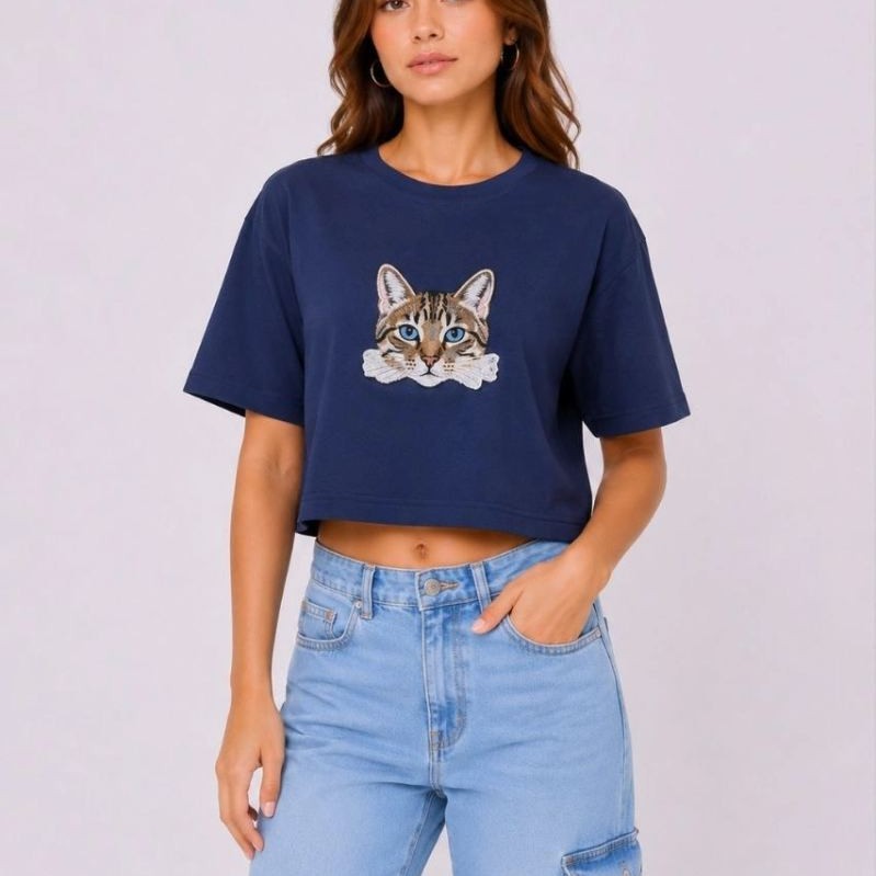 Kadın Kedi Baskılı Oversize Crop Tişört Salaş Basic Yarım Kol T-shirt - Lacivert Kadın Kedi Baskılı Oversize Crop Tişört Salaş Basic Yarım Kol T-shirt - Lacivert