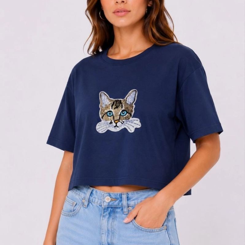 Kadın Kedi Baskılı Oversize Crop Tişört Salaş Basic Yarım Kol T-shirt - Lacivert Kadın Kedi Baskılı Oversize Crop Tişört Salaş Basic Yarım Kol T-shirt - Lacivert
