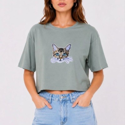 Kadın Kedi Baskılı Oversize Crop Tişört Salaş Basic Yarım Kol T-shirt - Mint Yeşili Kadın Kedi Baskılı Oversize Crop Tişört Salaş Basic Yarım Kol T-shirt - Mint Yeşili