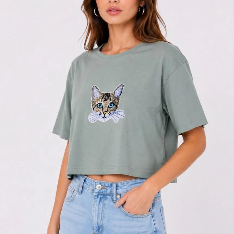 Kadın Kedi Baskılı Oversize Crop Tişört Salaş Basic Yarım Kol T-shirt - Mint Yeşili Kadın Kedi Baskılı Oversize Crop Tişört Salaş Basic Yarım Kol T-shirt - Mint Yeşili