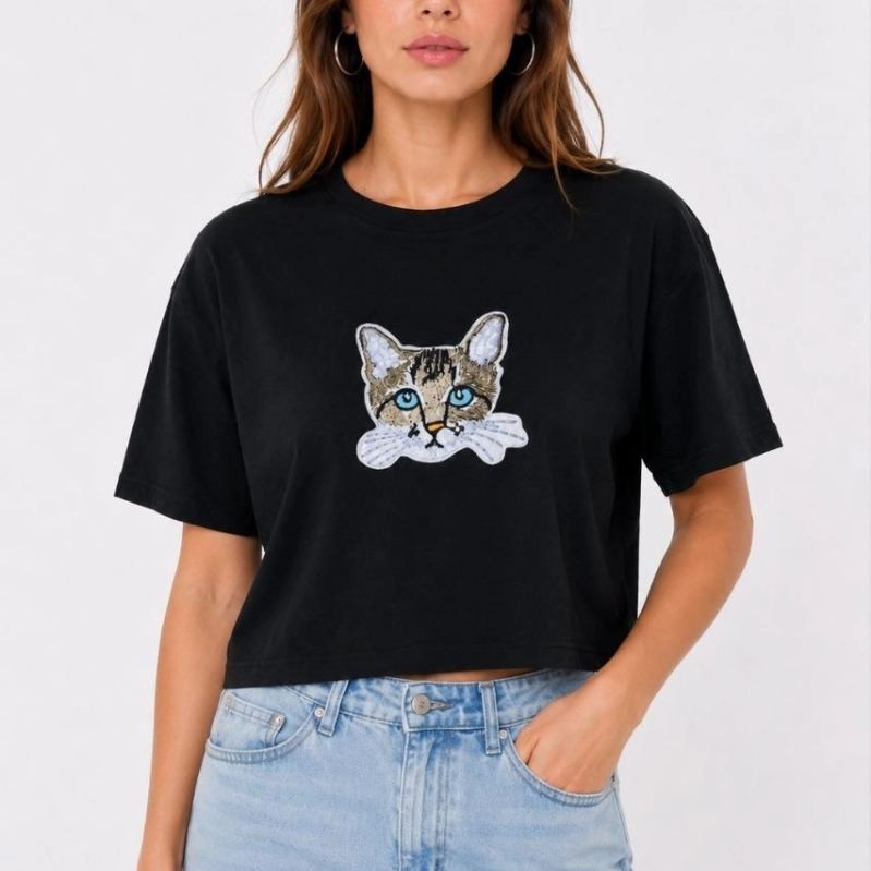 Kadın Kedi Baskılı Oversize Crop Tişört Salaş Basic Yarım Kol T-shirt - Siyah Kadın Kedi Baskılı Oversize Crop Tişört Salaş Basic Yarım Kol T-shirt - Siyah