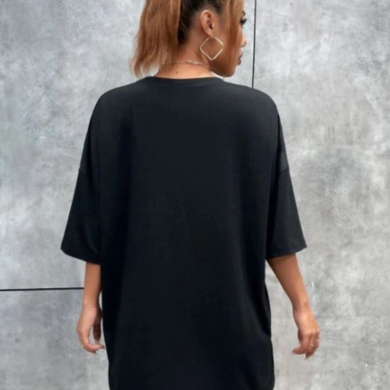 Kadın kelebek Baskılı Oversize kısa kol T-Shirt - Siyah Kadın kelebek Baskılı Oversize kısa kol T-Shirt - Siyah
