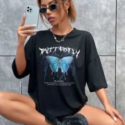 Kadın kelebek Baskılı Oversize kısa kol T-Shirt - Siyah Kadın kelebek Baskılı Oversize kısa kol T-Shirt - Siyah
