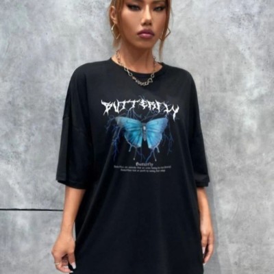 Kadın kelebek Baskılı Oversize kısa kol T-Shirt - Siyah Kadın kelebek Baskılı Oversize kısa kol T-Shirt - Siyah