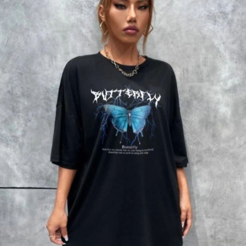 Kadın kelebek Baskılı Oversize kısa kol T-Shirt - Siyah Kadın kelebek Baskılı Oversize kısa kol T-Shirt - Siyah