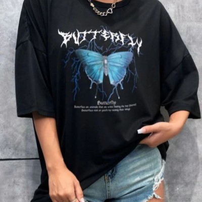 Kadın kelebek Baskılı Oversize kısa kol T-Shirt - Siyah Kadın kelebek Baskılı Oversize kısa kol T-Shirt - Siyah
