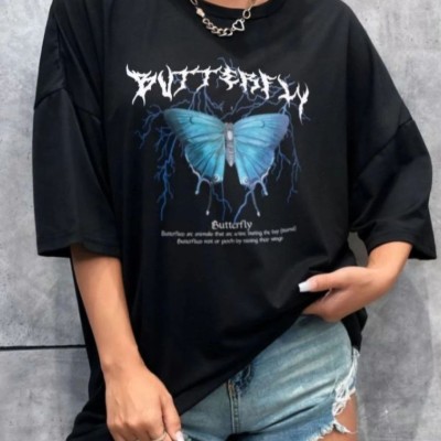 Kadın kelebek Baskılı Oversize kısa kol T-Shirt - Siyah Kadın kelebek Baskılı Oversize kısa kol T-Shirt - Siyah