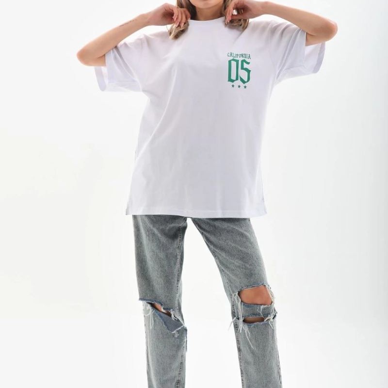 Kadın Kısa kol Oversize Baskılı T-Shirt - Beyaz