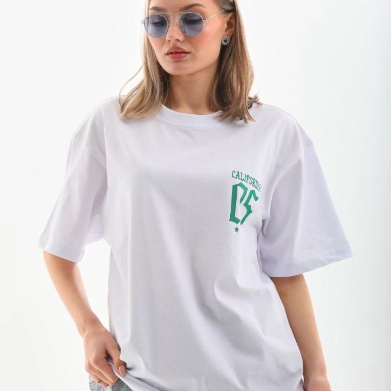 Kadın Kısa kol Oversize Baskılı T-Shirt - Beyaz
