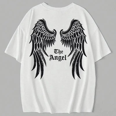 Kadın Kısa Kol Tişört Bisiklet Yaka Angel Melek Kanadı Baskılı T-Shirt - Beyaz Kadın Kısa Kol Tişört Bisiklet Yaka Angel Melek Kanadı Baskılı T-Shirt - Beyaz