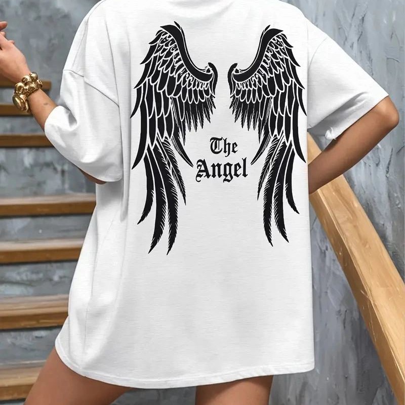 Kadın Kısa Kol Tişört Bisiklet Yaka Angel Melek Kanadı Baskılı T-Shirt - Beyaz Kadın Kısa Kol Tişört Bisiklet Yaka Angel Melek Kanadı Baskılı T-Shirt - Beyaz