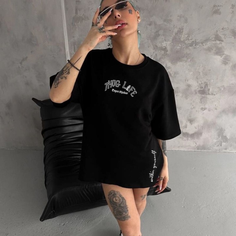 Kadın Kısa Kol Tişört Bisiklet Yaka Filistin Poşülü Baskılı T-Shirt - Siyah Kadın Kısa Kol Tişört Bisiklet Yaka Filistin Poşülü Baskılı T-Shirt - Siyah