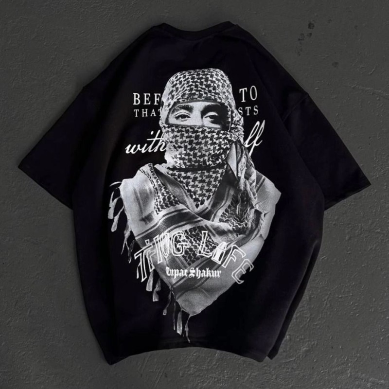 Kadın Kısa Kol Tişört Bisiklet Yaka Filistin Poşülü Baskılı T-Shirt - Siyah Kadın Kısa Kol Tişört Bisiklet Yaka Filistin Poşülü Baskılı T-Shirt - Siyah
