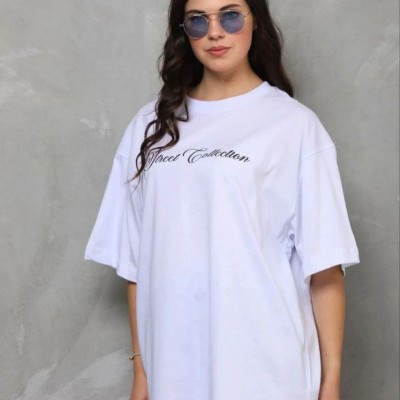 Kadın Kısa Kol Yazlık Tişört Bisiklet Yaka Baskılı Oversize T-Shirt - Beyaz Kadın Kısa Kol Yazlık Tişört Bisiklet Yaka Baskılı Oversize T-Shirt - Beyaz