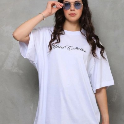 Kadın Kısa Kol Yazlık Tişört Bisiklet Yaka Baskılı Oversize T-Shirt - Beyaz Kadın Kısa Kol Yazlık Tişört Bisiklet Yaka Baskılı Oversize T-Shirt - Beyaz
